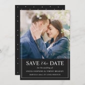 Moderne, eenvoudige, zwarte foto met klassieke muz save the date (Voorkant / Achterkant)