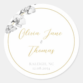 Moderne eenvoudige zwarte gouden orchideeën bruilo ronde sticker