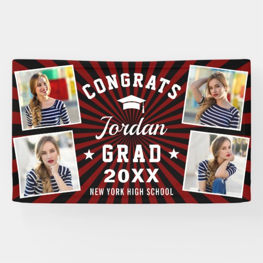 Moderne Eenvoudige zwarte Rode GraduPartij 4 FOTO Spandoek (Horizontaal)