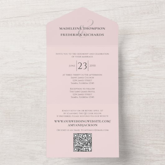 Moderne, eenvoudige, zwarte roze | QR-code RSVP All In One Uitnodiging (Binnen)