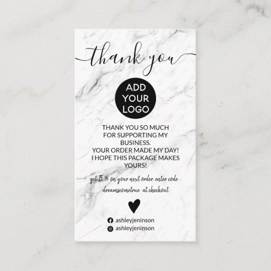 Moderne, eenvoudige zwarte witte marmer, bedankt visitekaartje (Voorkant)