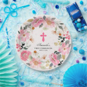 Moderne Eerste Communie Roze Bloemen Meisje Papieren Bordje (Feest)