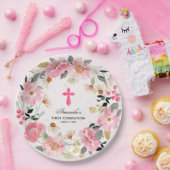 Moderne Eerste Communie Roze Bloemen Meisje Papieren Bordje (Feest)