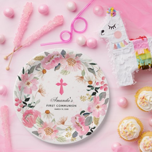 Moderne Eerste Communie Roze Bloemen Meisje Papieren Bordje (Feest)