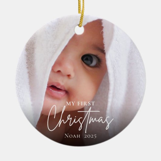 Moderne eerste kerst Baby foto naam Elegant Keramisch Ornament (Voorkant)