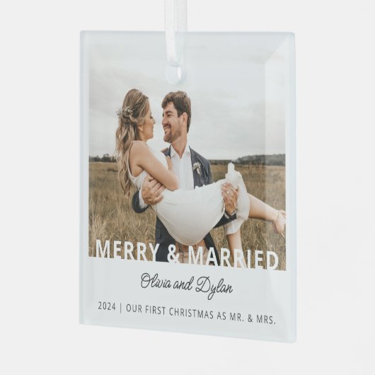 Moderne eerste kerst getrouwde foto glas ornament (Voorkant links)
