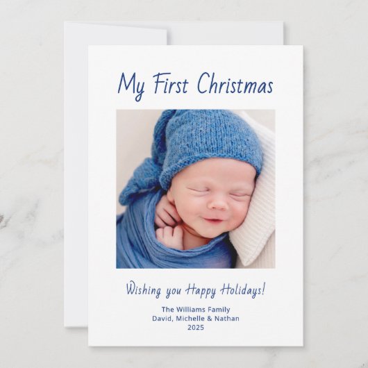 Moderne Eerste Kerst Schattigee Baby Boy Foto Feestdagenkaart (Voorkant)