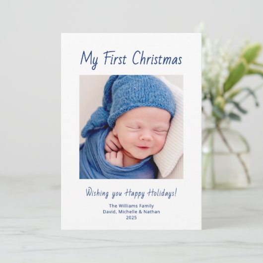 Moderne Eerste Kerst Schattigee Baby Boy Foto Feestdagenkaart (Staand voorkant)