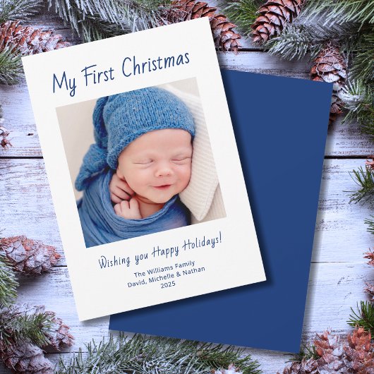 Moderne Eerste Kerst Schattigee Baby Boy Foto Feestdagenkaart