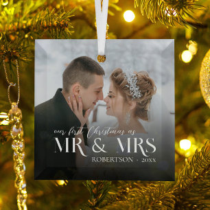 Moderne Eerste Kerstdag Mr & Mrs Pas getrouwd Foto Glas Ornament