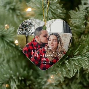 Moderne Eerste Kerstman Getrouwd Pas getrouwd Foto Keramisch Ornament