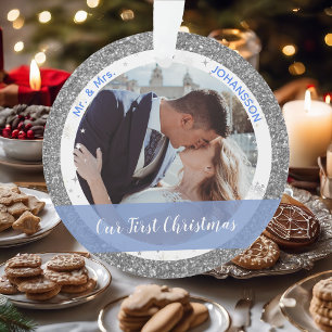 Moderne Eerste Kerstmis als Mr. en Mrs. 2 Foto's Ornament