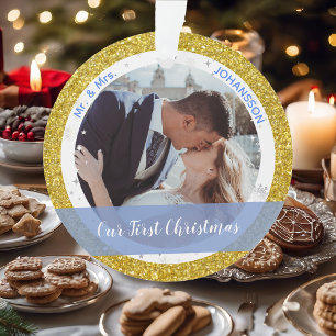 Moderne Eerste Kerstmis als Mr. en Mrs. 2 Foto's Ornament