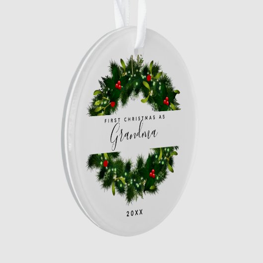 Moderne Eerste Kerstmis als oma Greenery Wreath Ornament (voorkant)