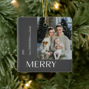Moderne Eerste Kerstmis Familie Vrolijke Fotocolla Keramisch Ornament