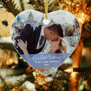 Moderne Eerste Kerstmis, Mrs. 1 Foto Heart Shaped Keramisch Ornament