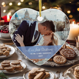 Moderne Eerste Kerstmis, Mrs. 2 Foto's Heart Shape Keramisch Ornament