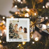 Moderne Eerste Kerstmis | Twee foto's Keramisch Ornament