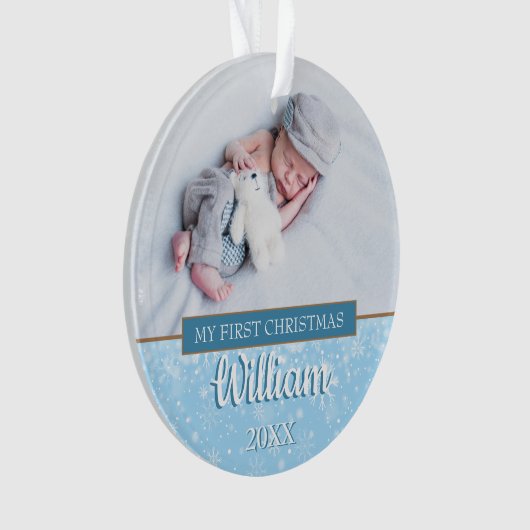 Moderne Eerste Kerstmisbaby Boy Foto's Script Ornament (voorkant)