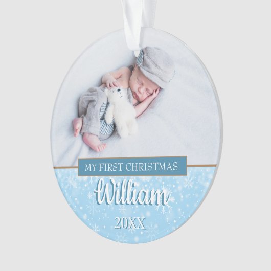 Moderne Eerste Kerstmisbaby Boy Foto's Script Ornament (voorkant)