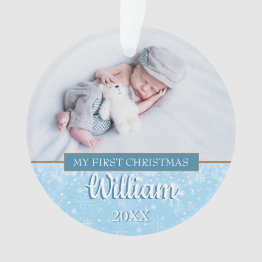 Moderne Eerste Kerstmisbaby Boy Foto's Script Ornament (voorkant)