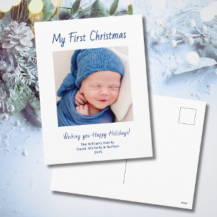 Moderne Eerste Kerstmisbaby Jongen Foto Schattige Feestdagenkaart