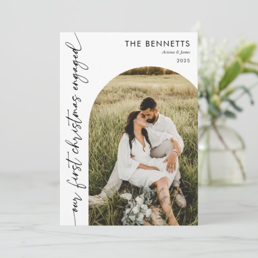 Moderne Eerste Kerstmisverloofde Boho Arch Foto Feestdagenkaart (Staand voorkant)