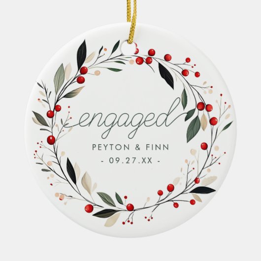 Moderne Eerste Kerstmisverloofde Mistletoe Krans Keramisch Ornament (Voorkant)