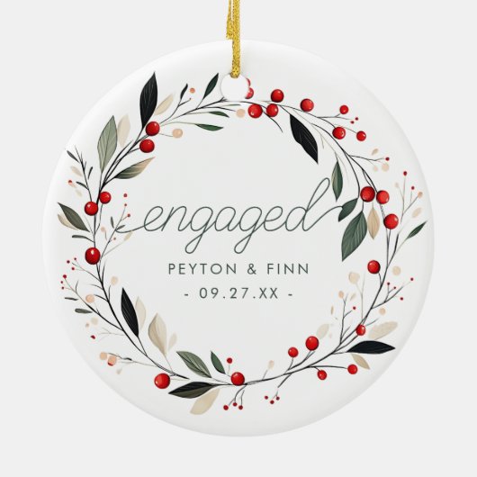 Moderne Eerste Kerstmisverloofde Mistletoe Krans Keramisch Ornament (Achterkant)