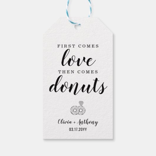 Moderne eerste komt liefde donuts bruiloft snack t cadeaulabel (Achterkant)