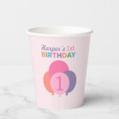 Moderne eerste verjaardag Girl Pink Paarse ballonn Papieren Bekers (Achterkant)