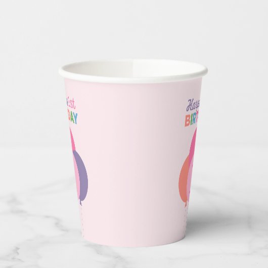 Moderne eerste verjaardag Girl Pink Paarse ballonn Papieren Bekers (Links)