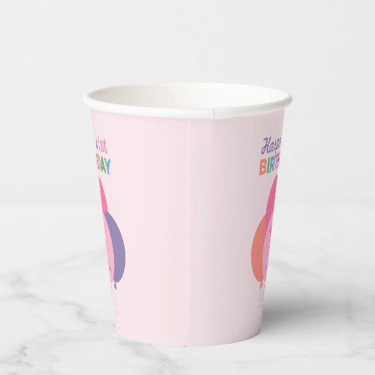 Moderne eerste verjaardag Girl Pink Paarse ballonn Papieren Bekers (Rechts)