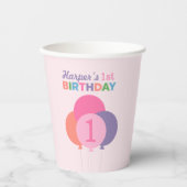 Moderne eerste verjaardag Girl Pink Paarse ballonn Papieren Bekers (Voorkant)