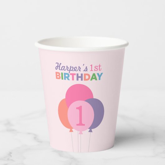 Moderne eerste verjaardag Girl Pink Paarse ballonn Papieren Bekers (Voorkant)