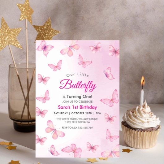 Moderne Eerste Verjaardag Girly Butterfly Party Kaart