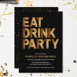 Moderne Eet Drink Feest Zwart & Goud Verjaardagsfe Kaart