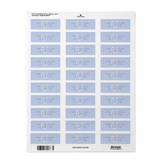 Moderne effen blauwe witte script monogram etiket (Full Sheet)