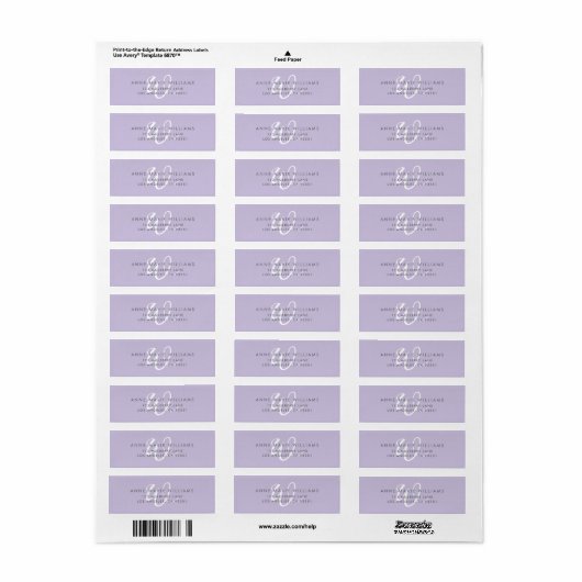 Moderne effen lavendel witte script monogram etiket (Full Sheet)