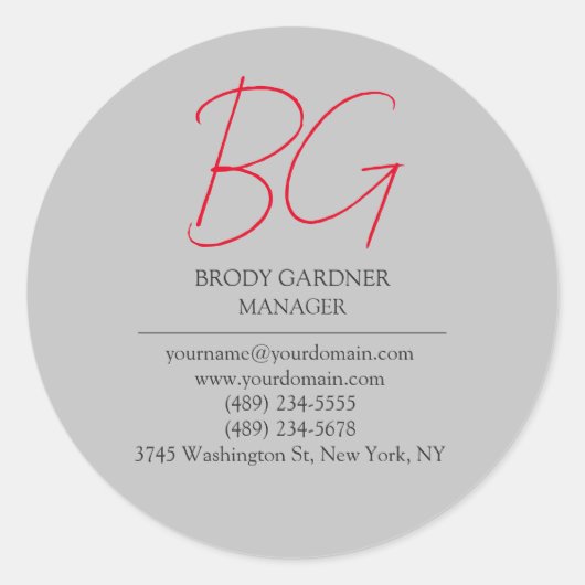 Moderne effen minimalistische grijs rode monogram ronde sticker (Voorkant)