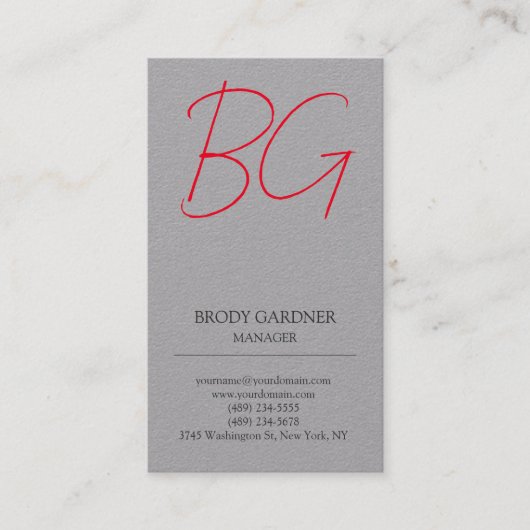Moderne effen minimalistische grijs rode monogram visitekaartje (Voorkant)