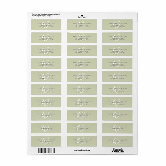 Moderne effen saliegroene witte script monogram etiket (Full Sheet)