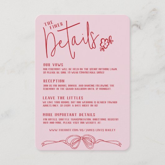 Moderne eigenzinnige hand getekend boog roze bruil informatiekaartje (Voorkant)