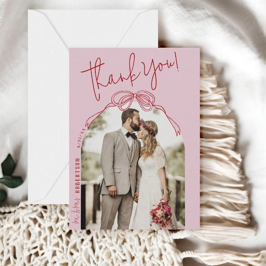 Moderne eigenzinnige hand getekend boog roze foto  bedankkaart