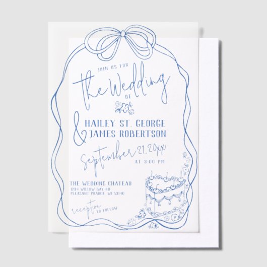 Moderne eigenzinnige hand getrokken boog BLAUW Ret Vellum Uitnodigingen (Offset)