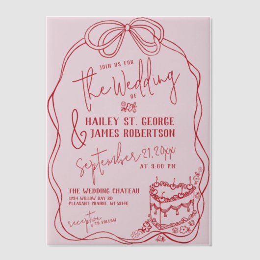 Moderne eigenzinnige hand getrokken boog roze retr vellum uitnodigingen (Voorkant)