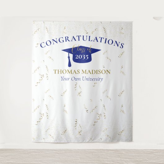 Moderne eindexamenfeest Streamers Blauwe Achtergro Wandkleed (Voorkant)