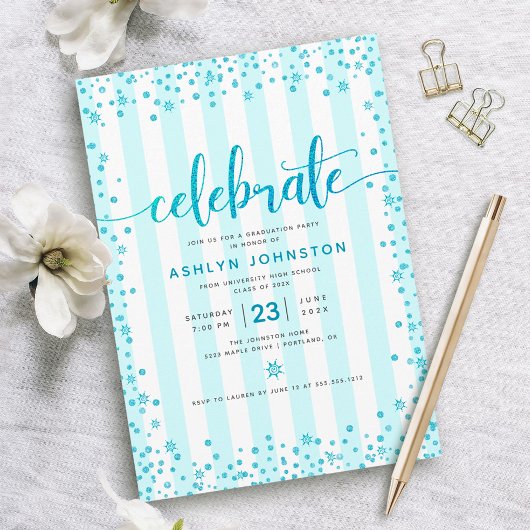 Moderne einstuderen turquoise glitterscript strepe kaart