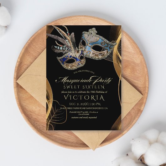 Moderne Elegan Zwart Goud Masquerade 16e Verjaarda Kaart
