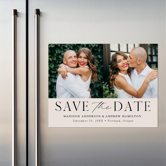 Moderne Elegance Cream Twee Foto Save the Date Magnetische Uitnodiging